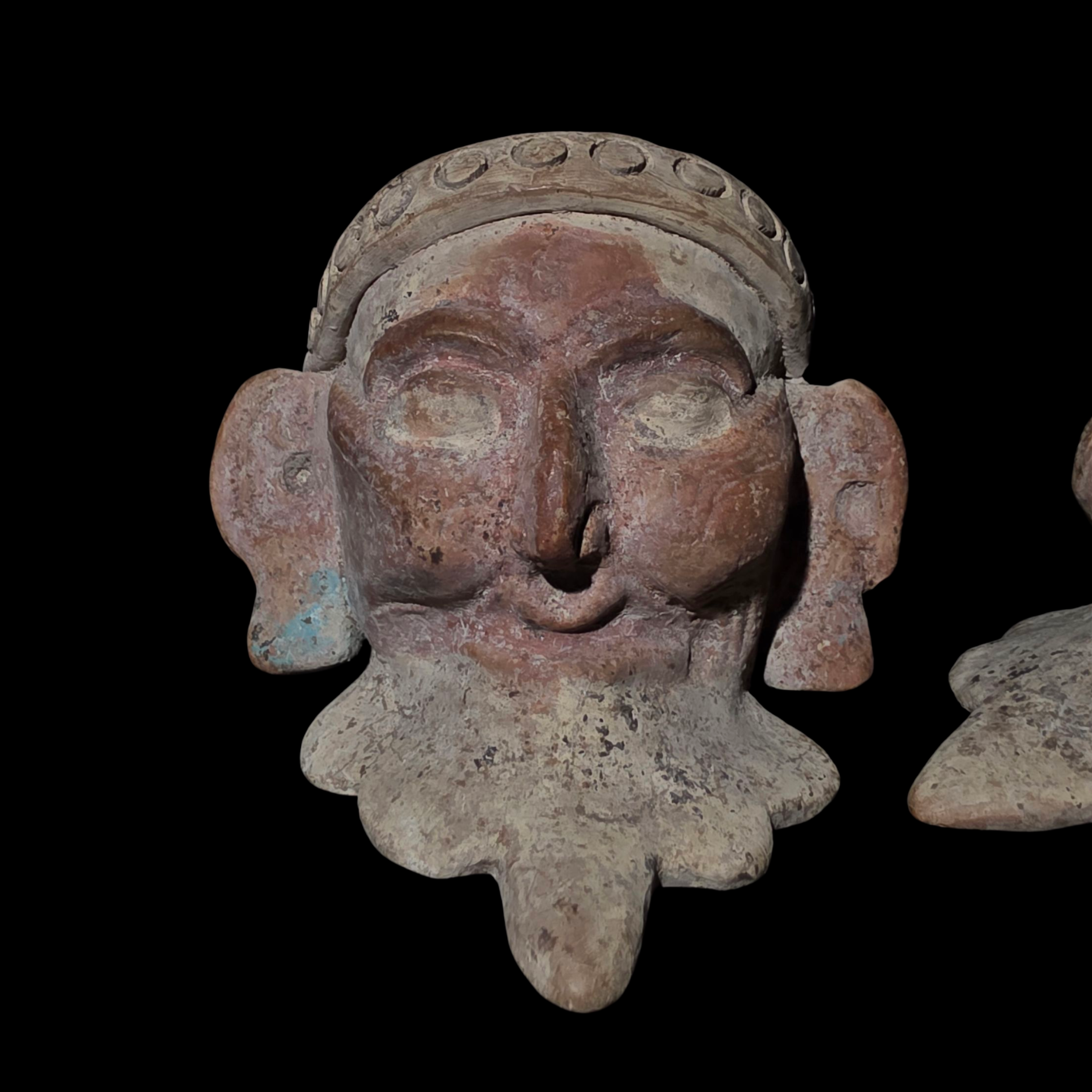 Pre-Columbian Pair of Veracruz Bearded Fire God Effigy Heads