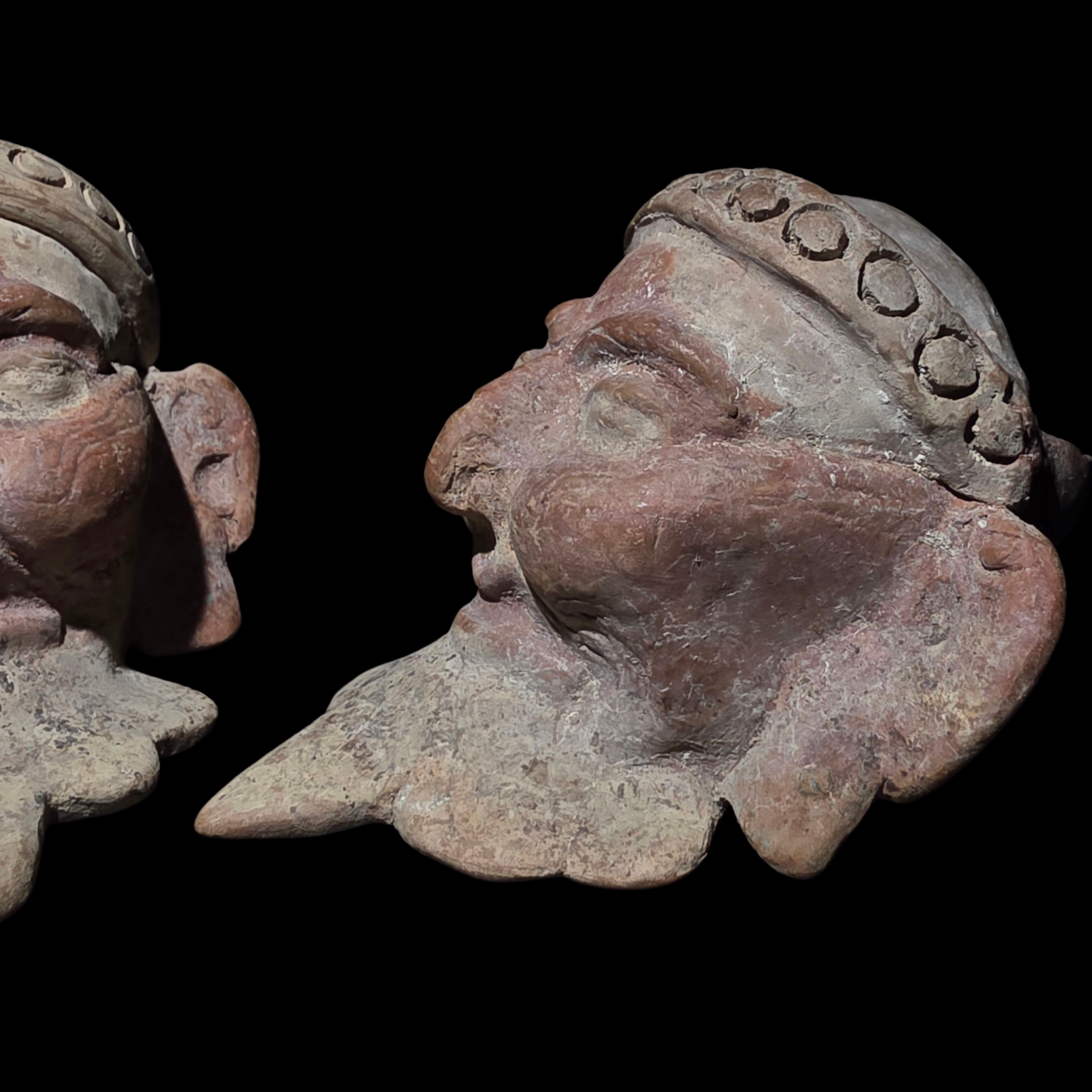 Pre-Columbian Pair of Veracruz Bearded Fire God Effigy Heads