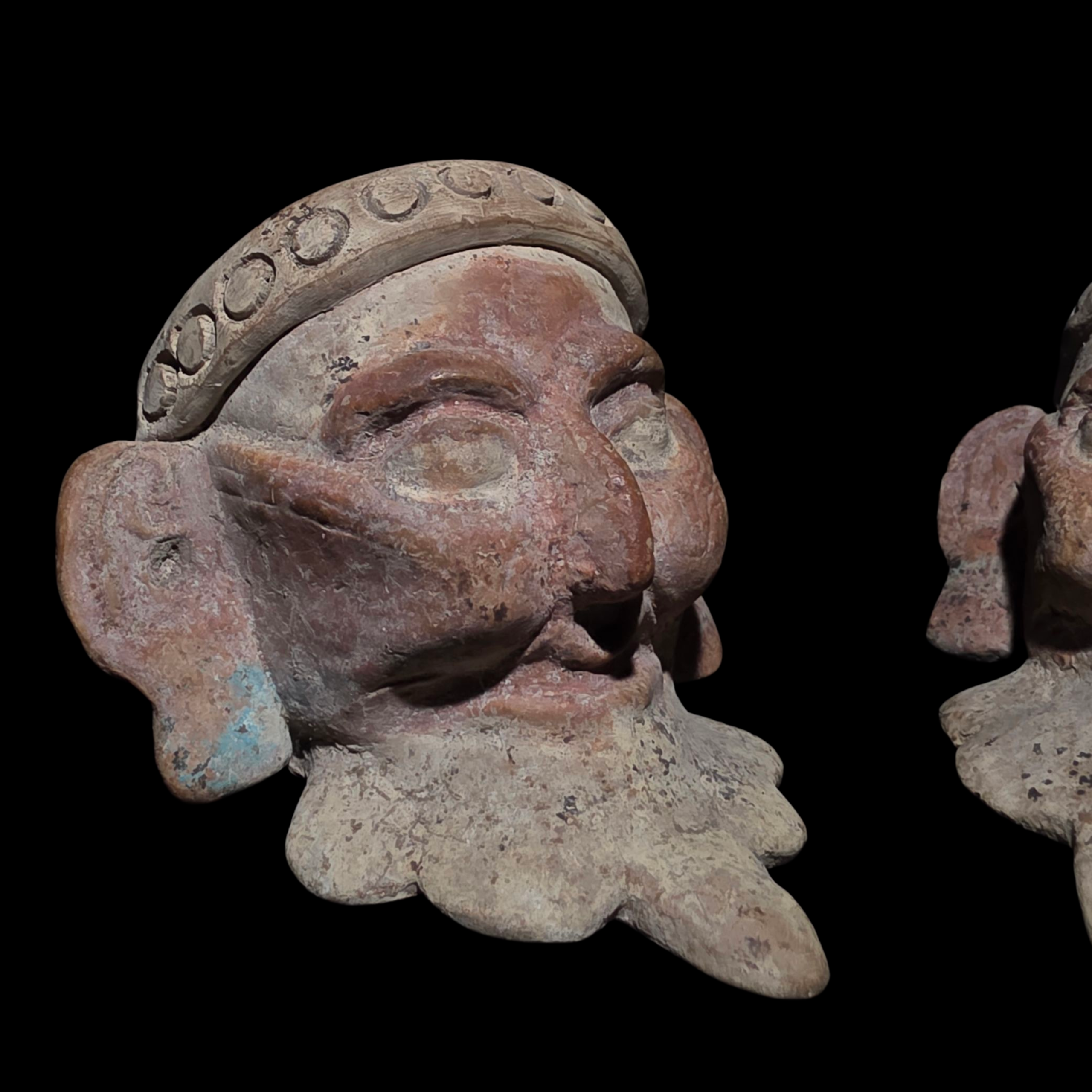 Pre-Columbian Pair of Veracruz Bearded Fire God Effigy Heads