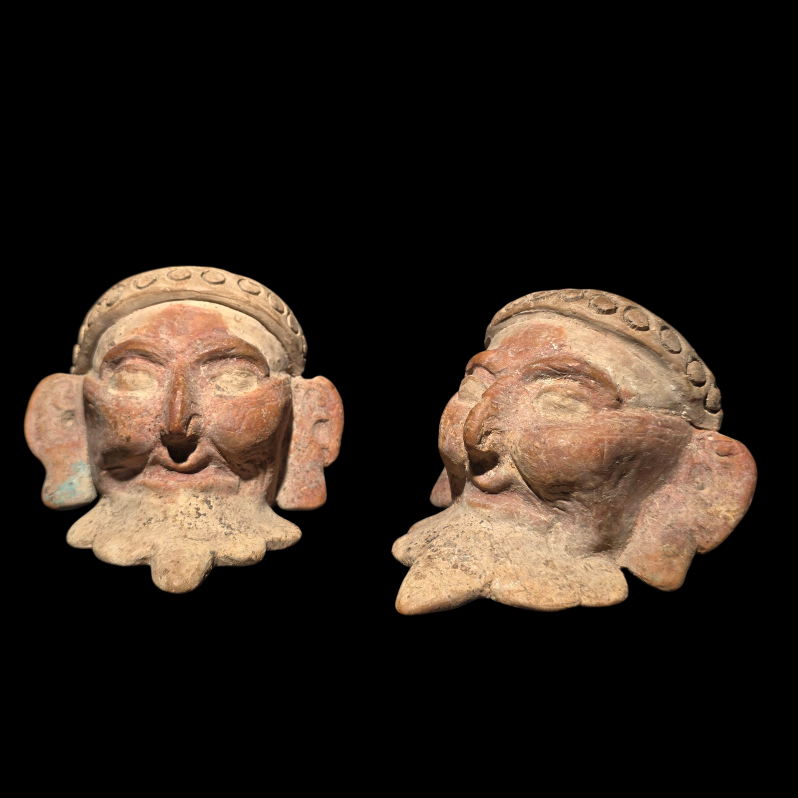 Pre-Columbian Pair of Veracruz Bearded Fire God Effigy Heads