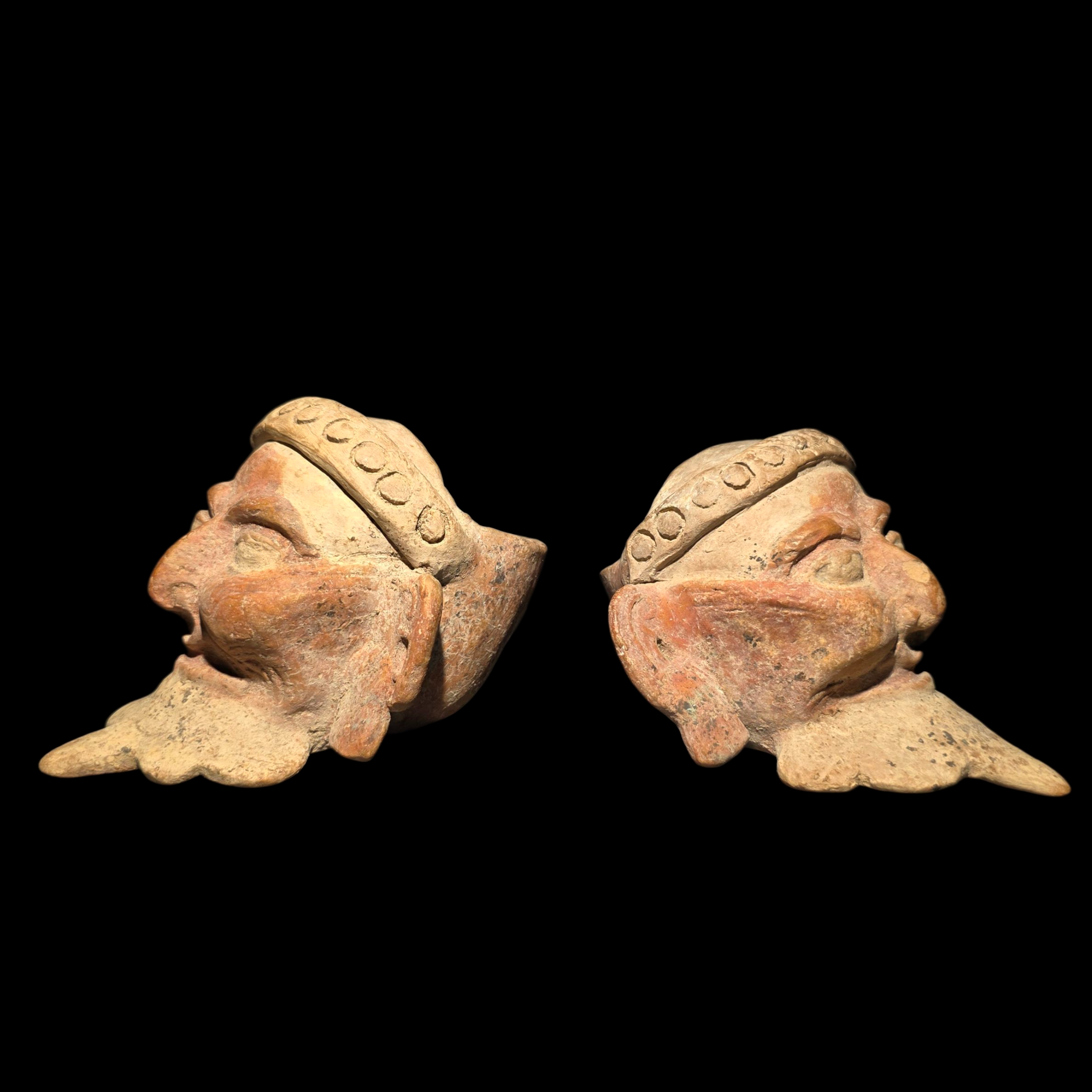 Pre-Columbian Pair of Veracruz Bearded Fire God Effigy Heads