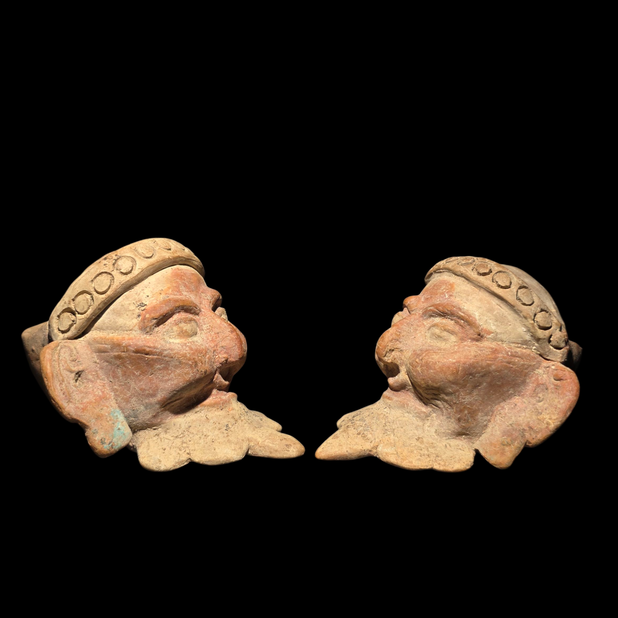 Pre-Columbian Pair of Veracruz Bearded Fire God Effigy Heads