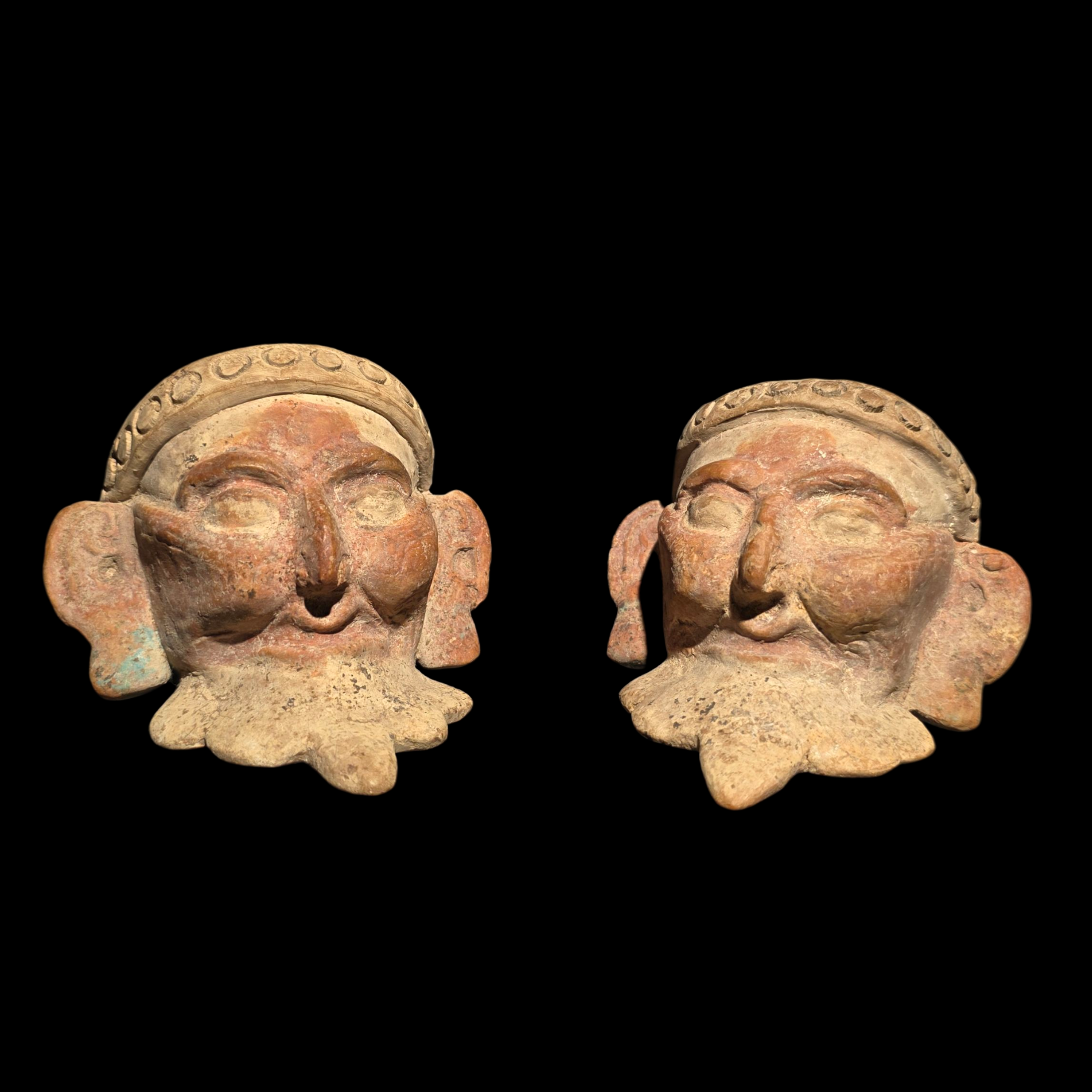 Pre-Columbian Pair of Veracruz Bearded Fire God Effigy Heads