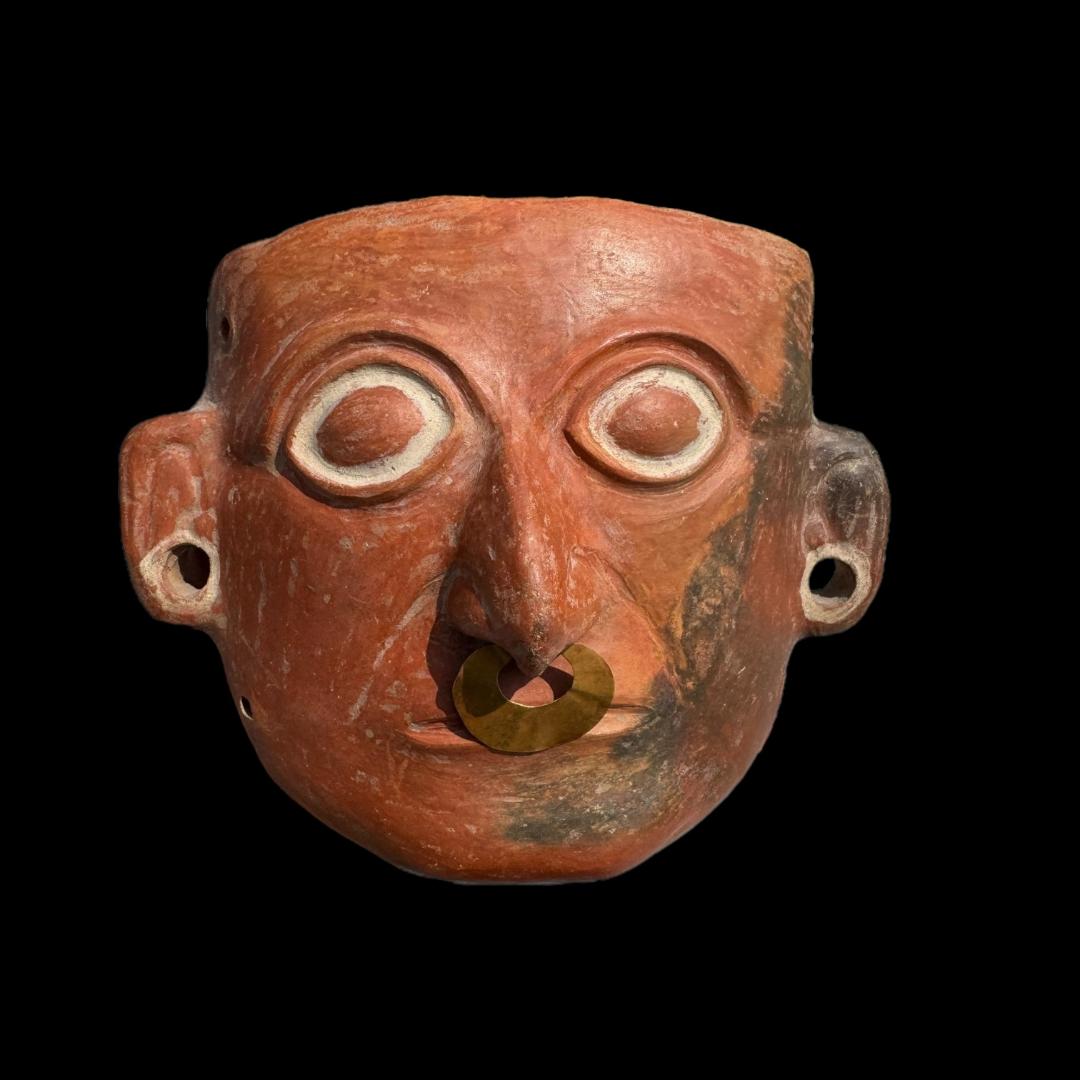 Pre-Columbian Moche 4 Funerary mask with gold nose ring
