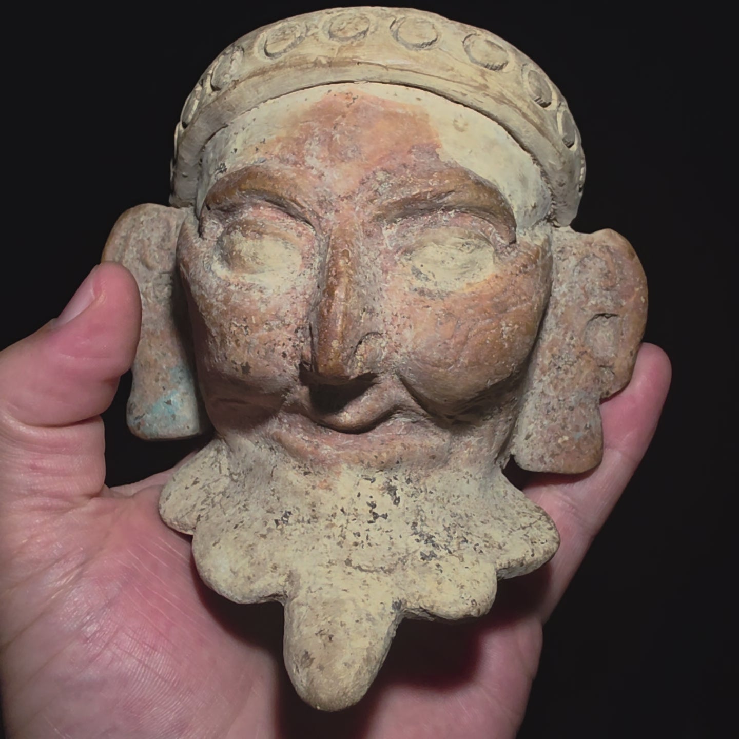 Pre-Columbian Pair of Veracruz Bearded Fire God Effigy Heads