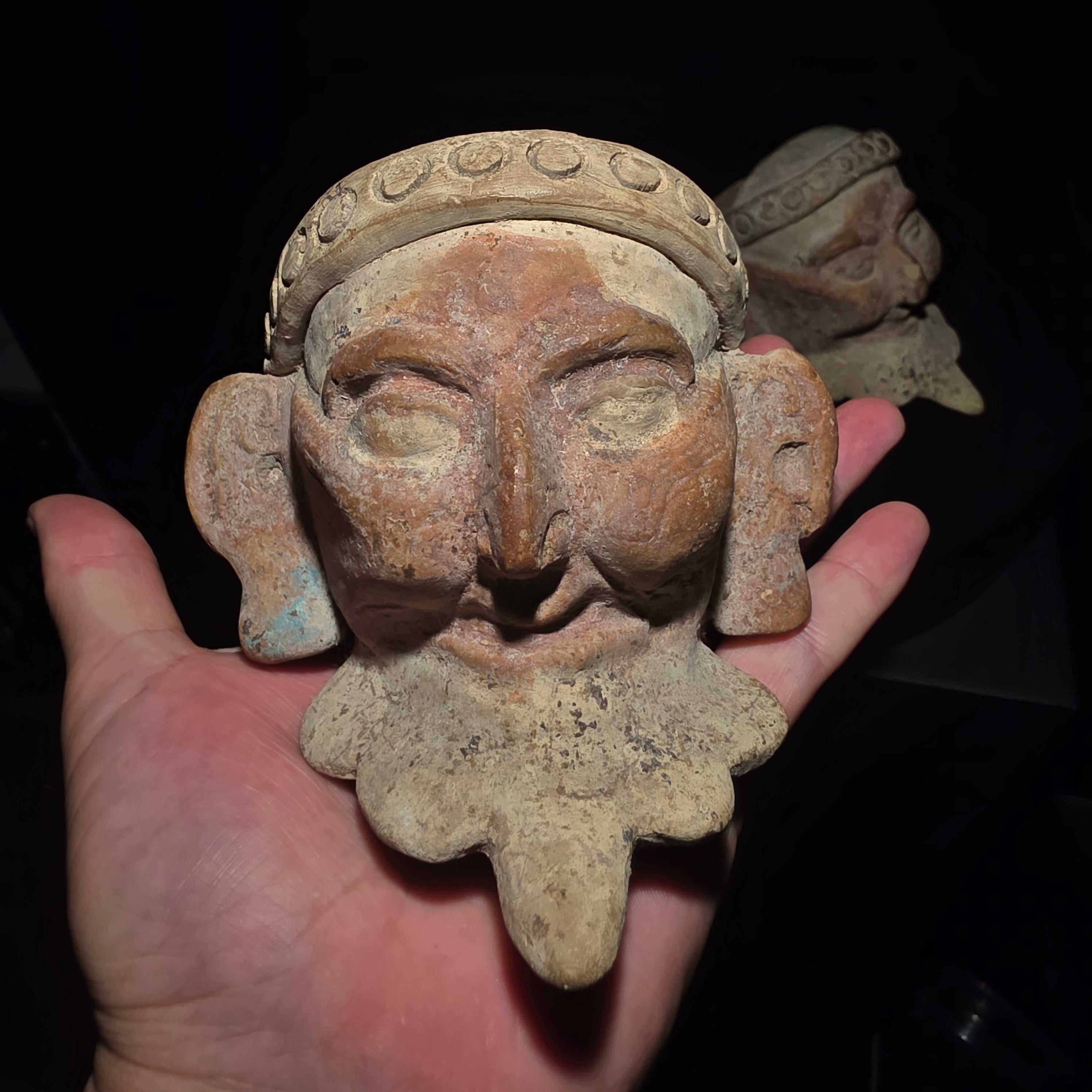 Pre-Columbian Pair of Veracruz Bearded Fire God Effigy Heads