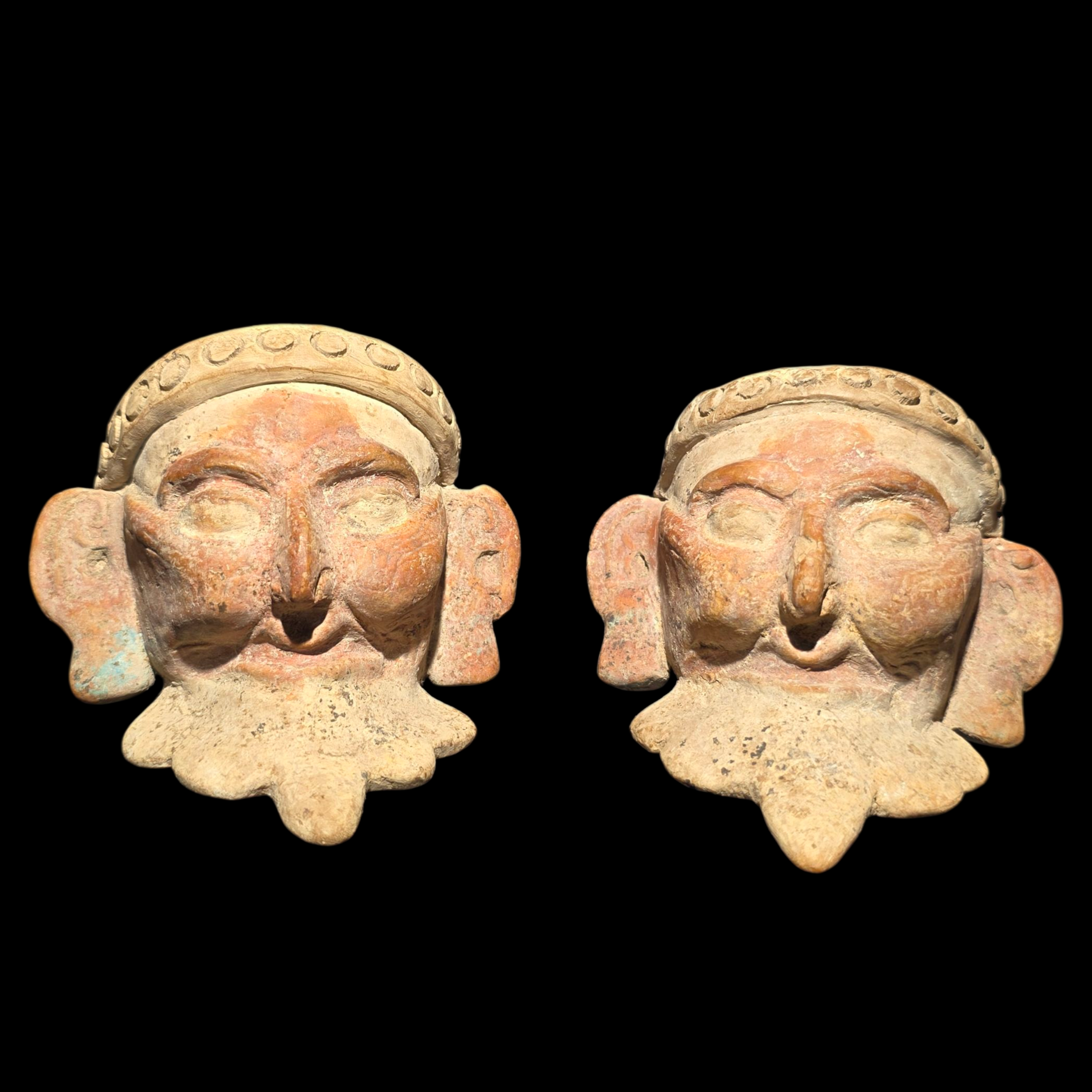 Pre-Columbian Pair of Veracruz Bearded Fire God Effigy Heads