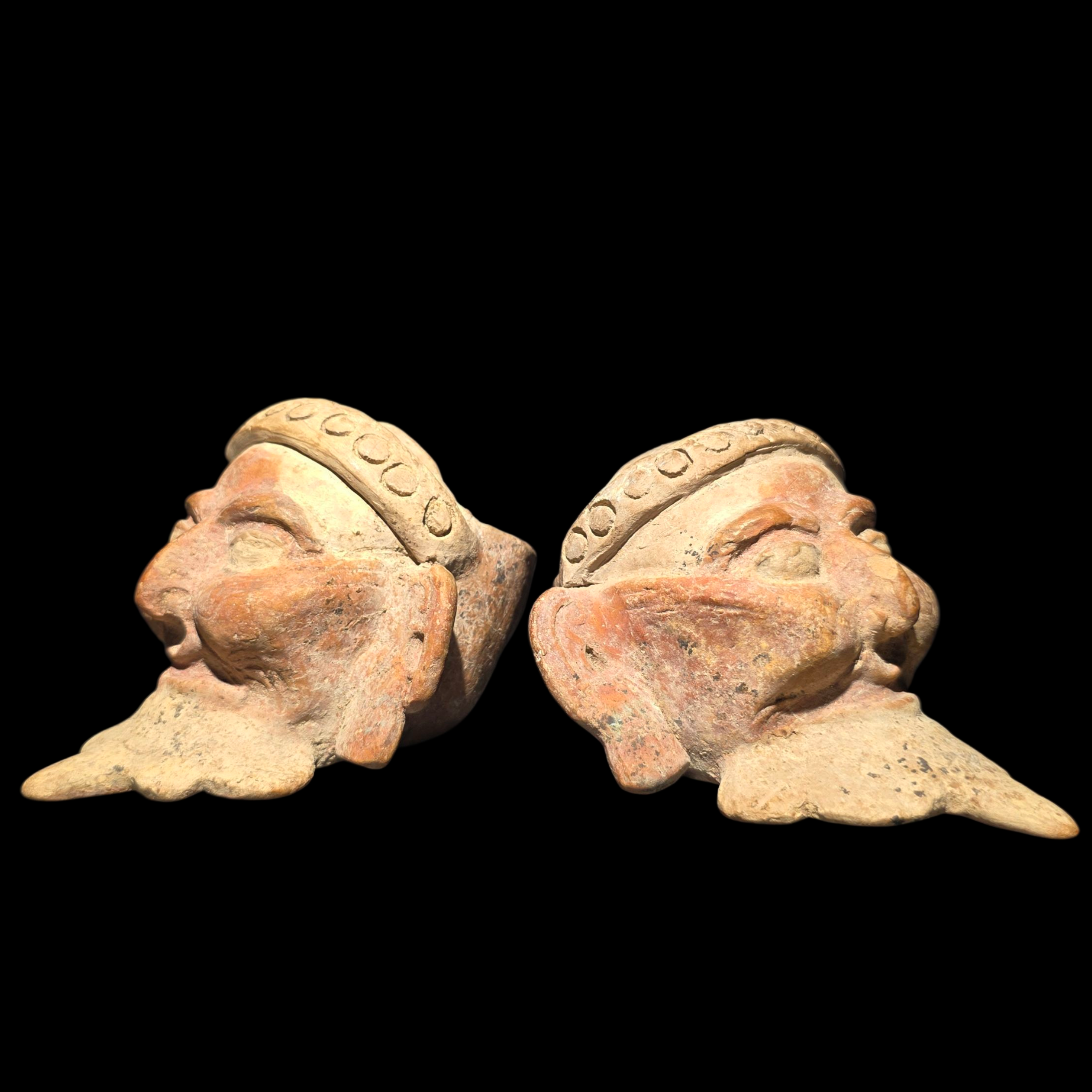 Pre-Columbian Pair of Veracruz Bearded Fire God Effigy Heads