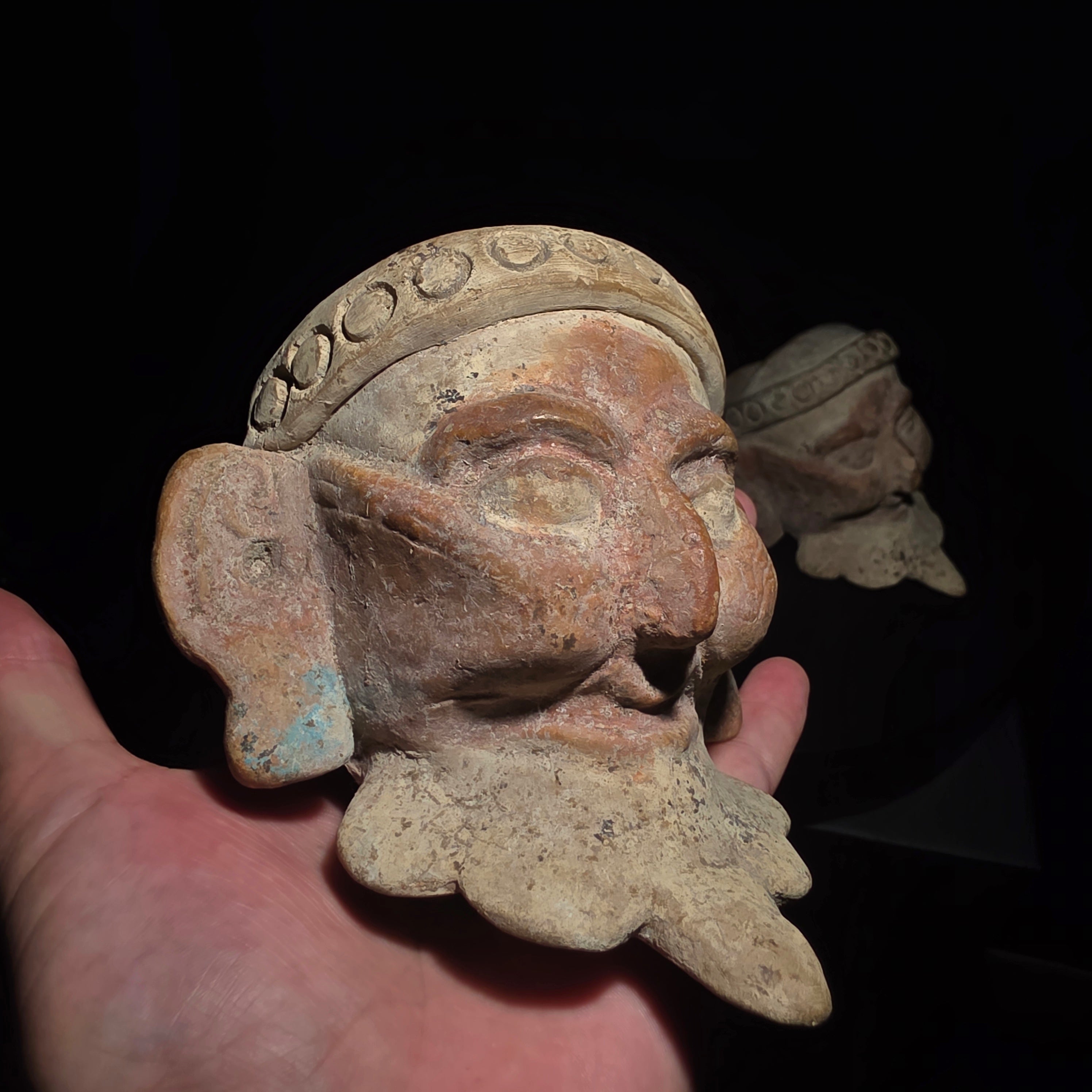 Pre-Columbian Pair of Veracruz Bearded Fire God Effigy Heads
