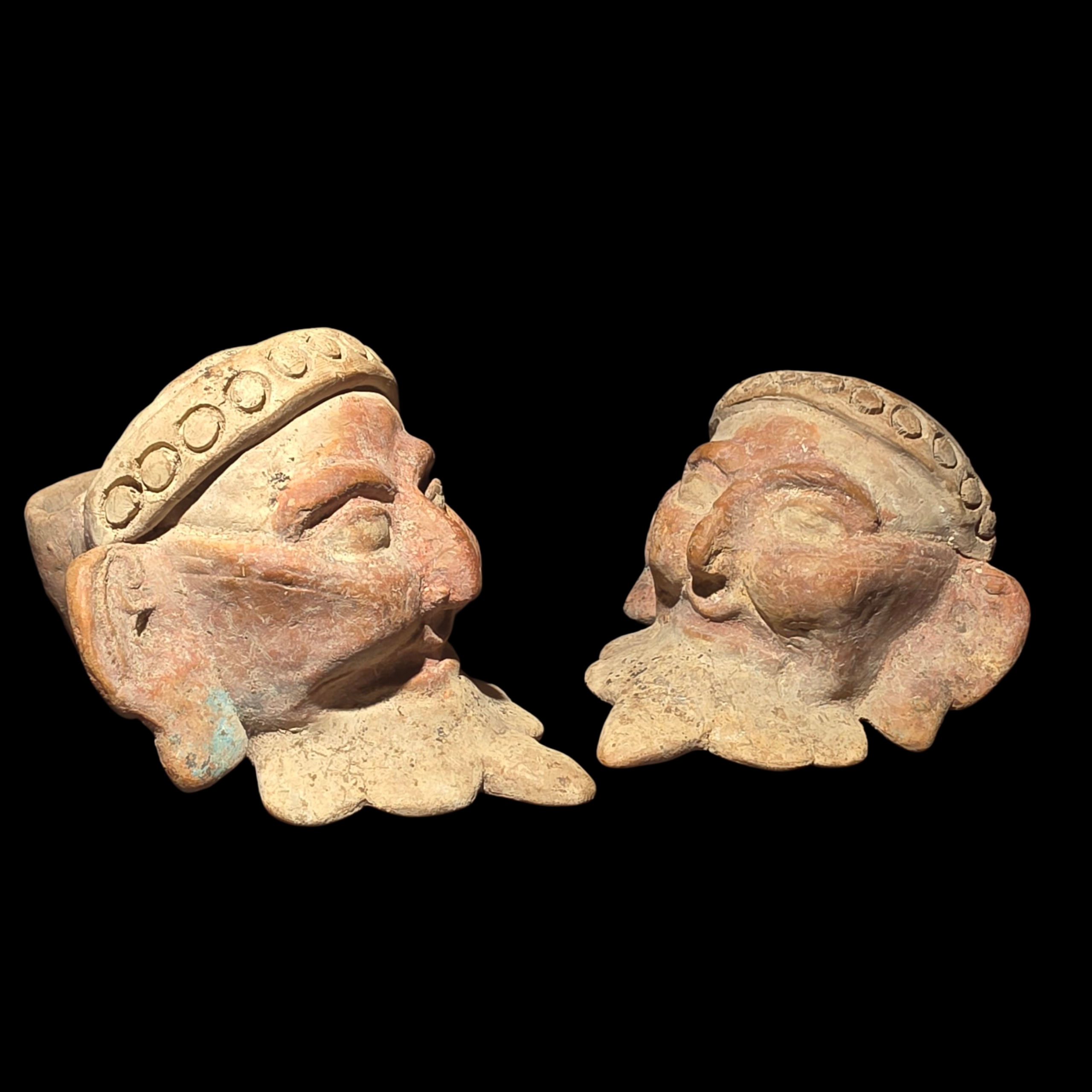 Pre-Columbian Pair of Veracruz Bearded Fire God Effigy Heads