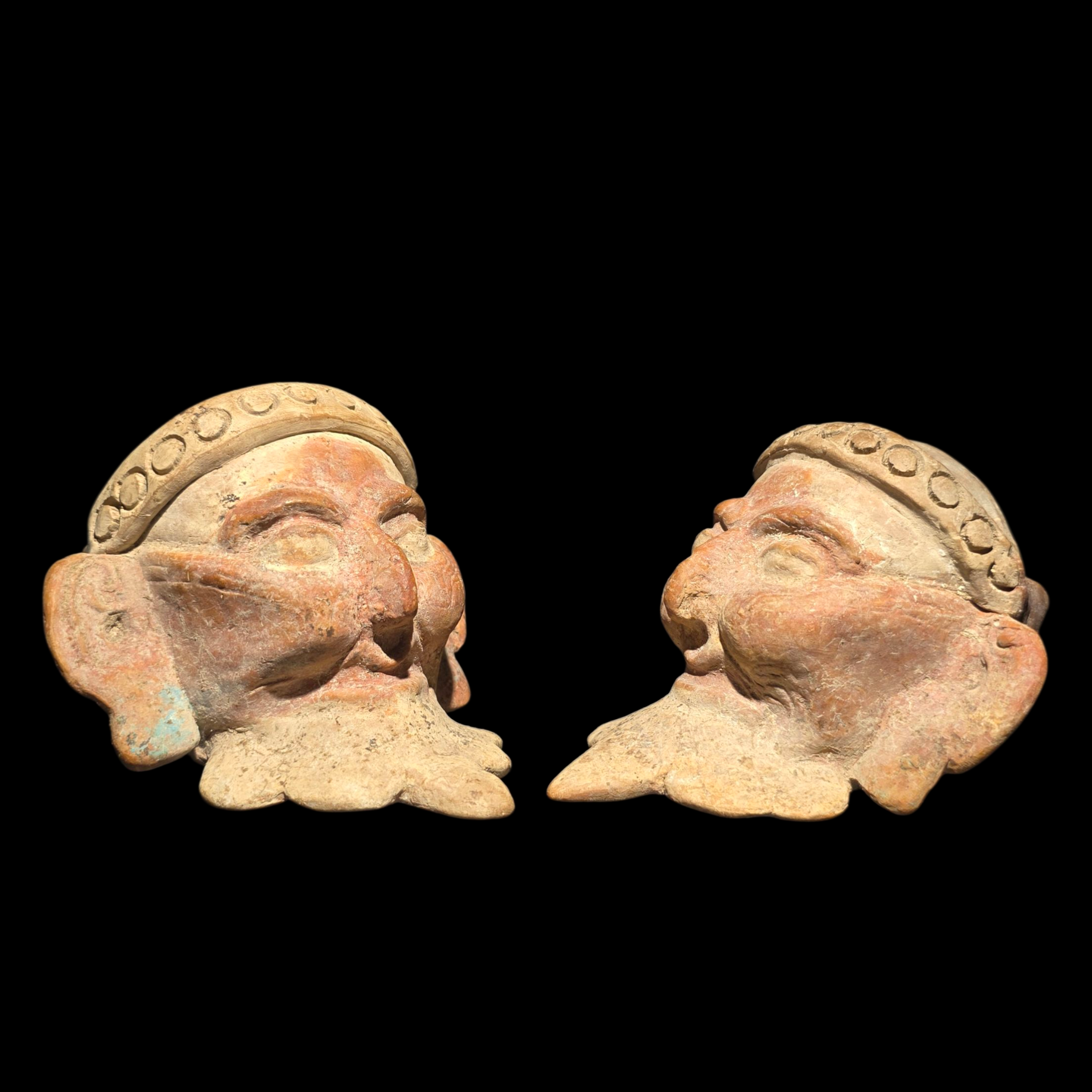Pre-Columbian Pair of Veracruz Bearded Fire God Effigy Heads