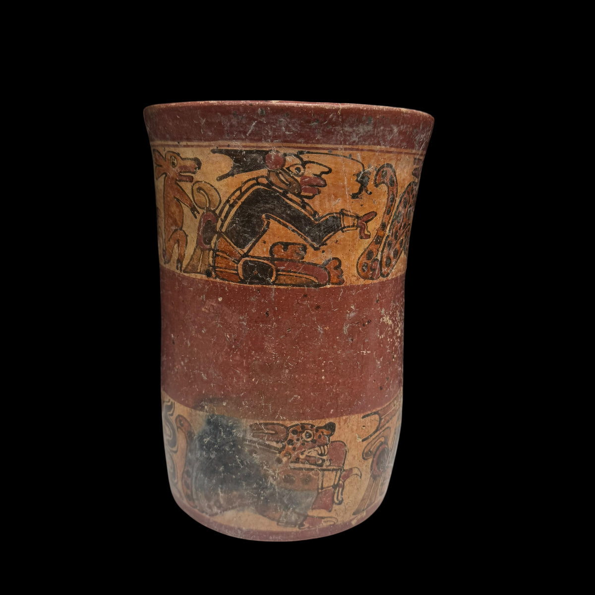 Pre-Columbian Maya Copador-Style Polychrome Vase with Seated Figures, Jaguars, and Deer