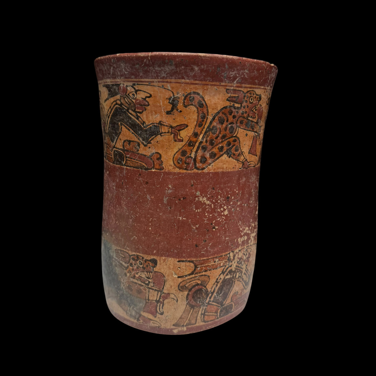 Pre-Columbian Maya Copador-Style Polychrome Vase with Seated Figures, Jaguars, and Deer