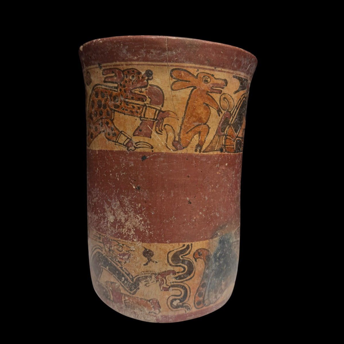 Pre-Columbian Maya Copador-Style Polychrome Vase with Seated Figures, Jaguars, and Deer
