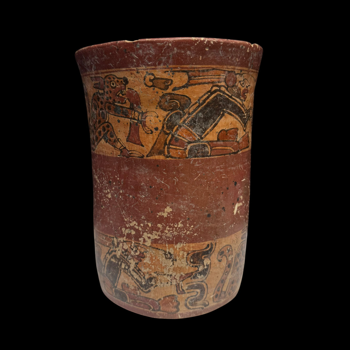 Pre-Columbian Maya Copador-Style Polychrome Vase with Seated Figures, Jaguars, and Deer