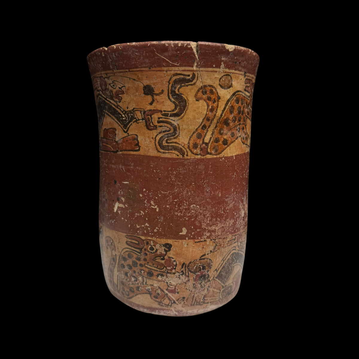 Pre-Columbian Maya Copador-Style Polychrome Vase with Seated Figures, Jaguars, and Deer