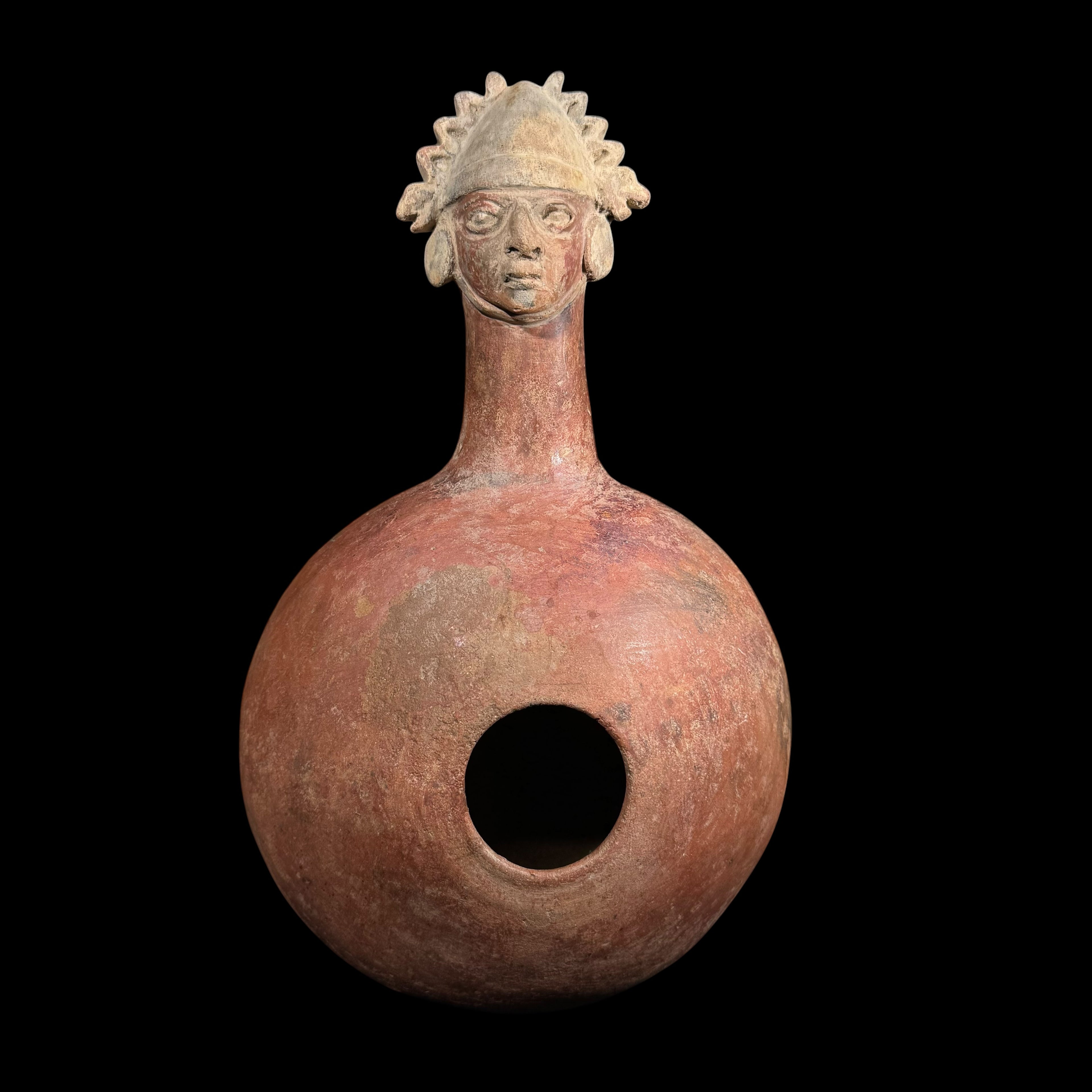 Pre-Columbian Moche Canchero with Warrior Headdress and Serpent Motifs