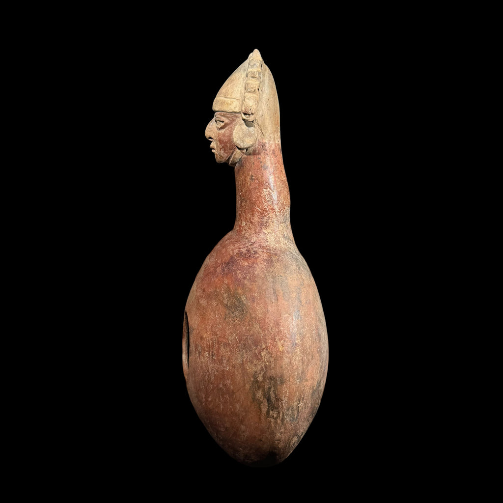 Pre-Columbian Moche Canchero with Warrior Headdress and Serpent Motifs