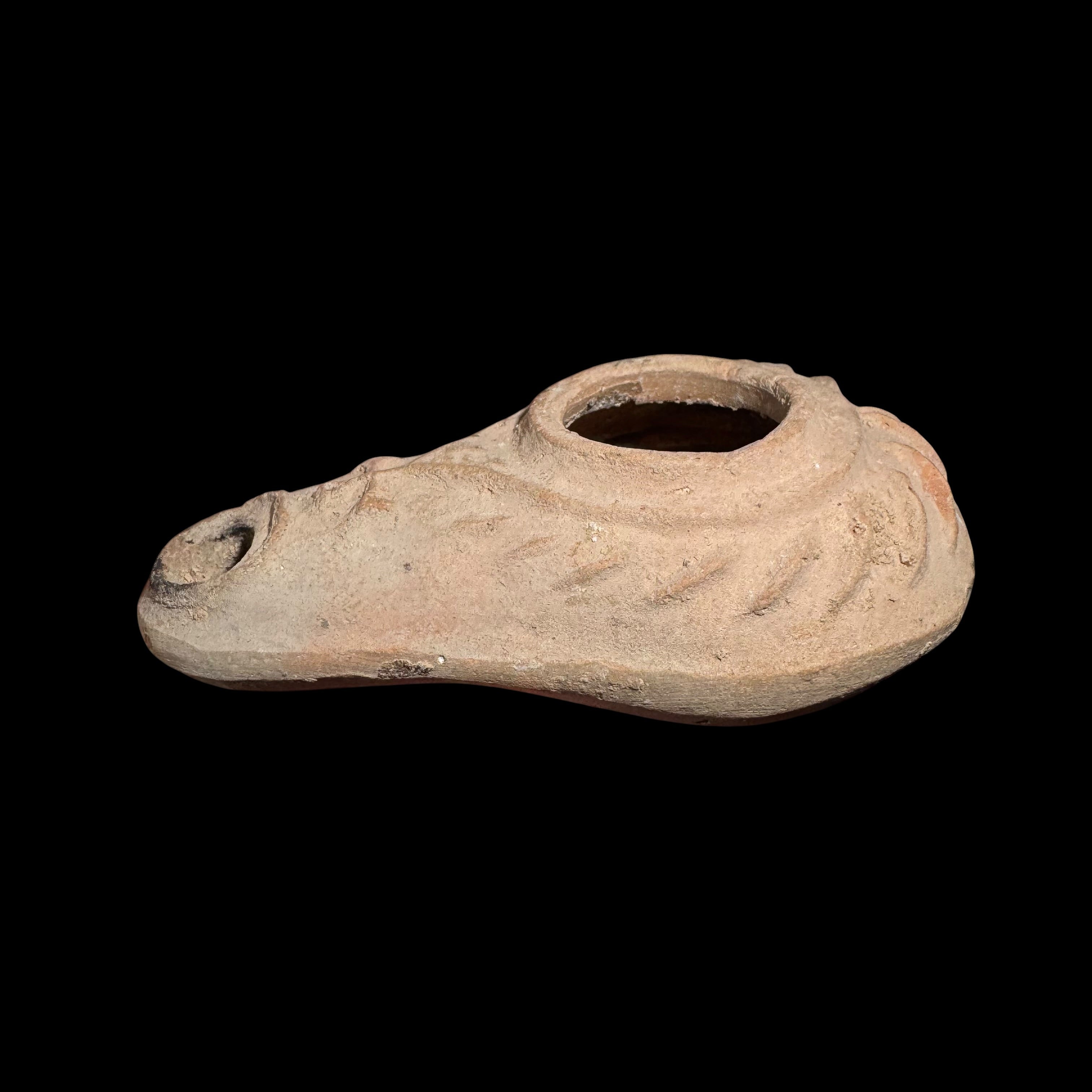 Ancient Byzantine Mold-Made Oil Lamp with Cross