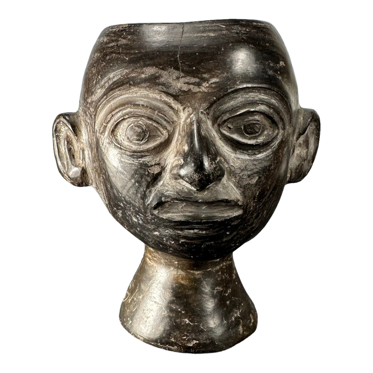 Pre-Columbian Moche blackware head rattle chalice