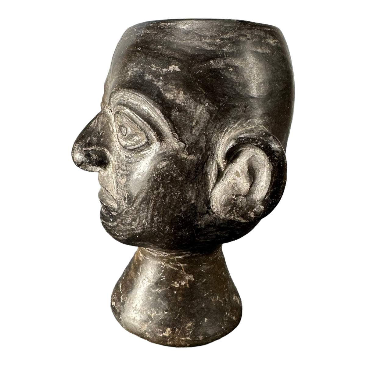 Pre-Columbian Moche blackware head rattle chalice