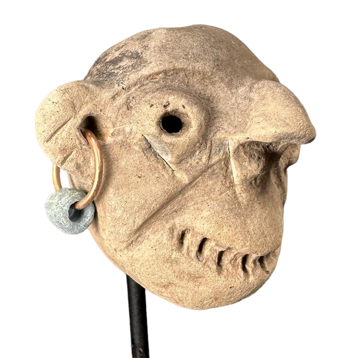 Pre-columbian Tumaco La Tolita War Trophy head with gold earring