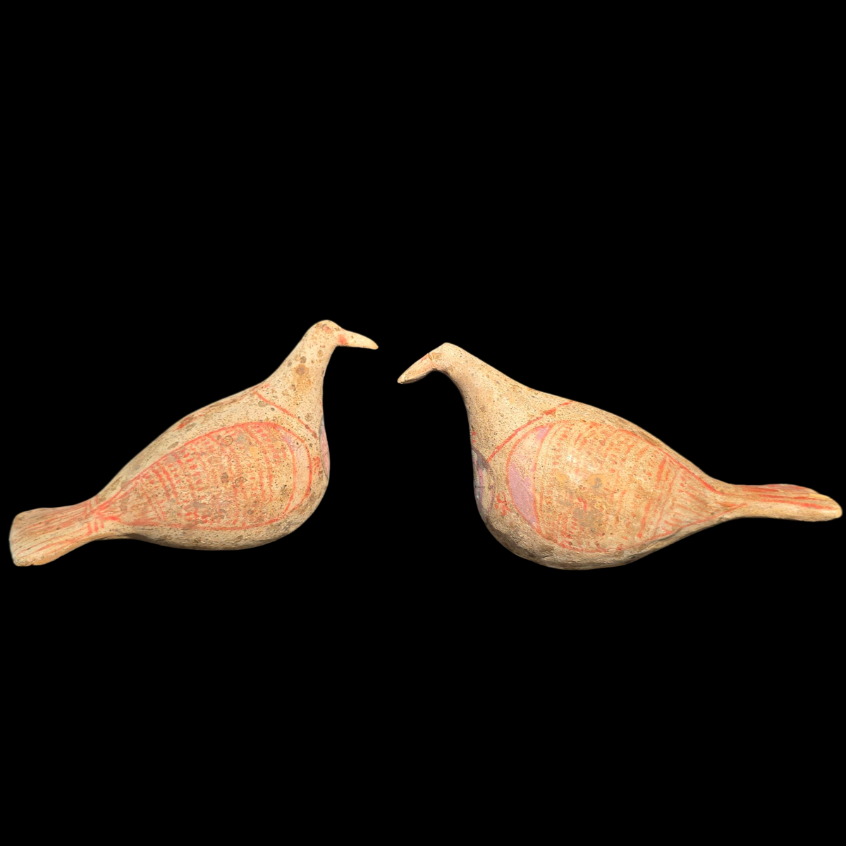 Pair of Canosan Polychrome Terracotta Doves – Apulian Votive Figures