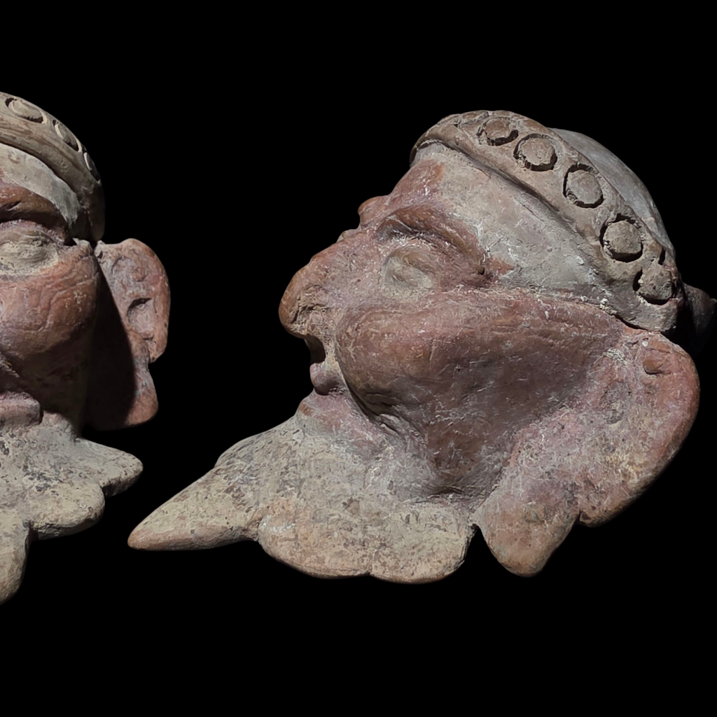 Pre-Columbian Pair of Veracruz Bearded Fire God Effigy Heads