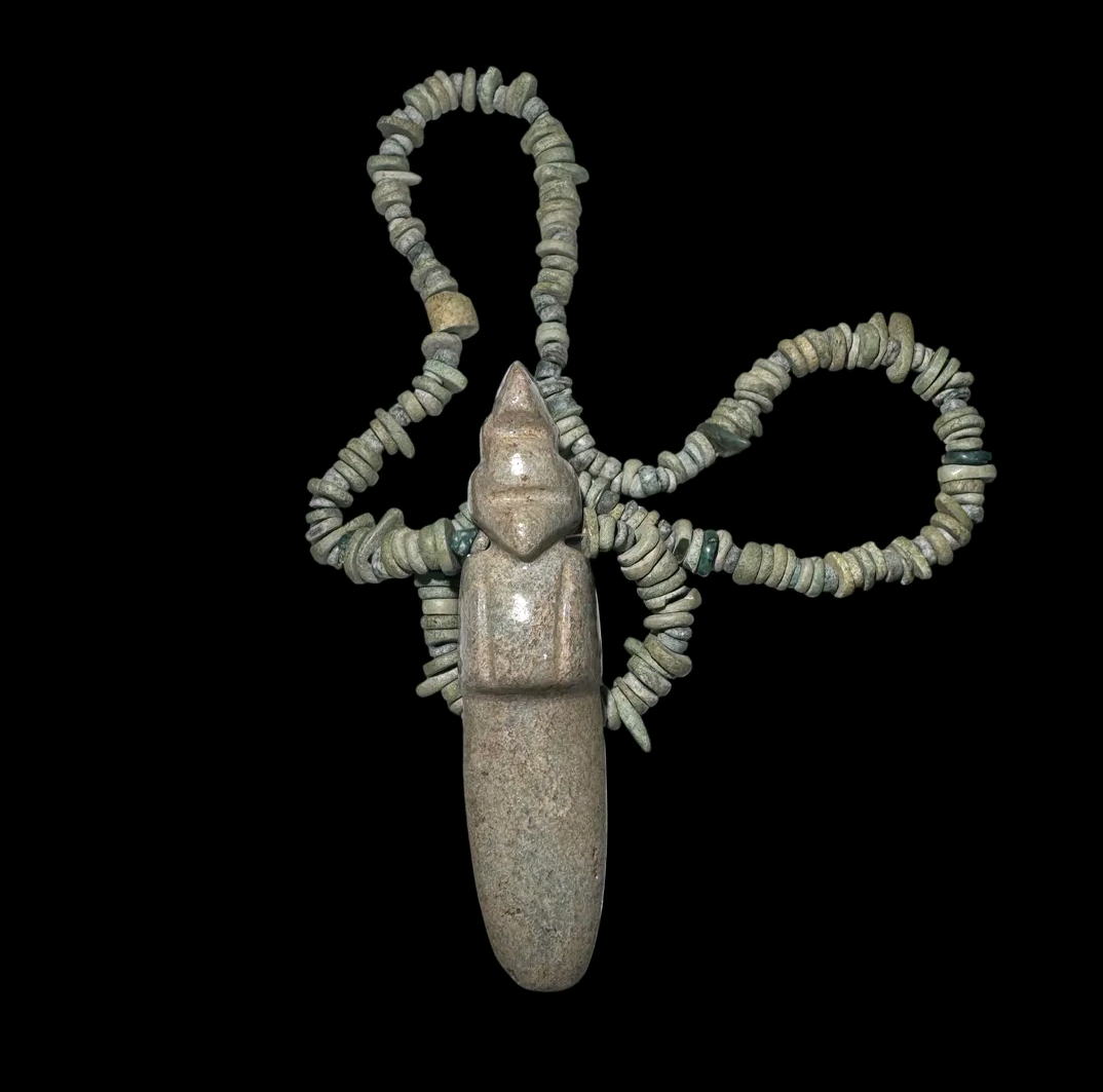 Pre-Columbian Costa Rican Jade Bird Celt Pendant with Green Stone Bead Necklace