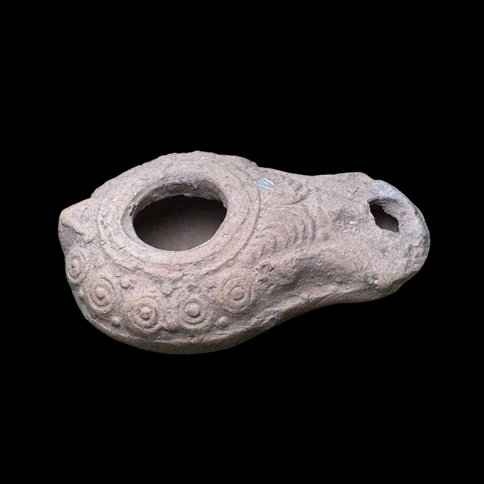 Ancient Pottery Oil Lamp, Late Roman Byzantine, Spiral Decoration, Holy Land