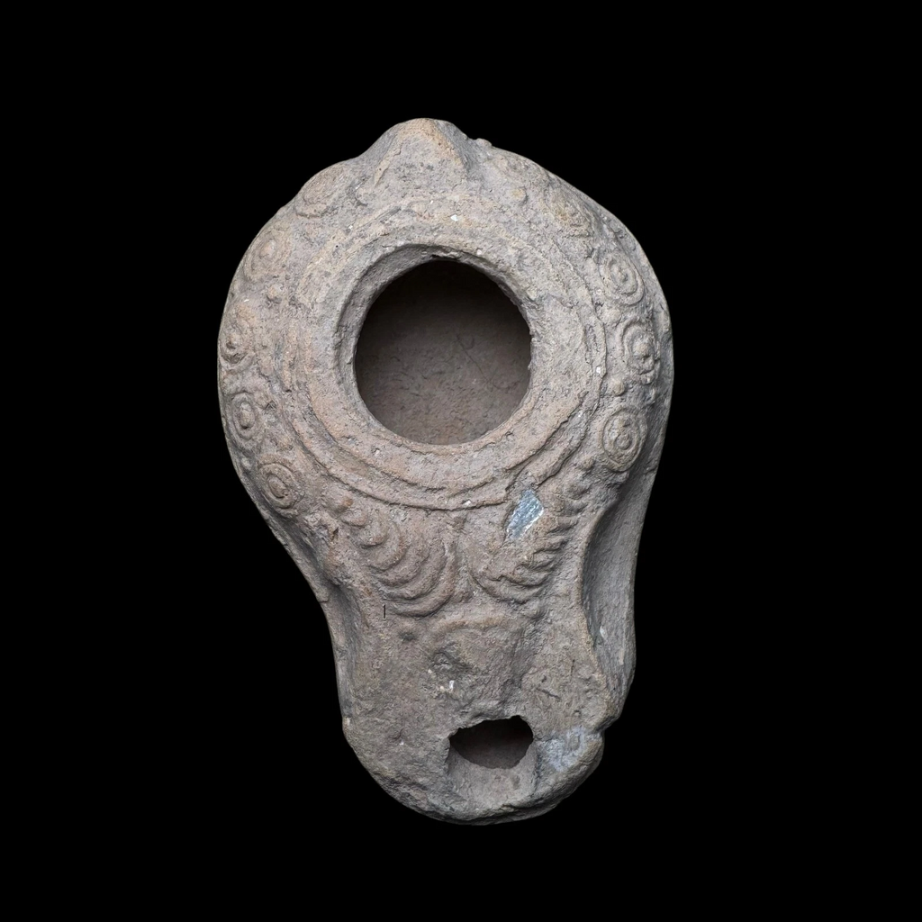 Ancient Pottery Oil Lamp, Late Roman Byzantine, Spiral Decoration, Holy Land