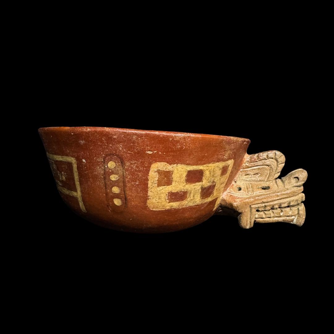 Pre-Columbian Chavin painted snake pottery bowl