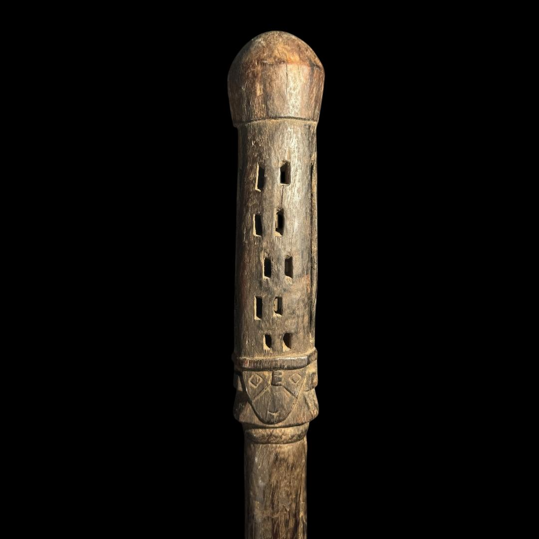 Pre-Columbian Chancay Wood Staff Rattle with Anthropomorphic Faces