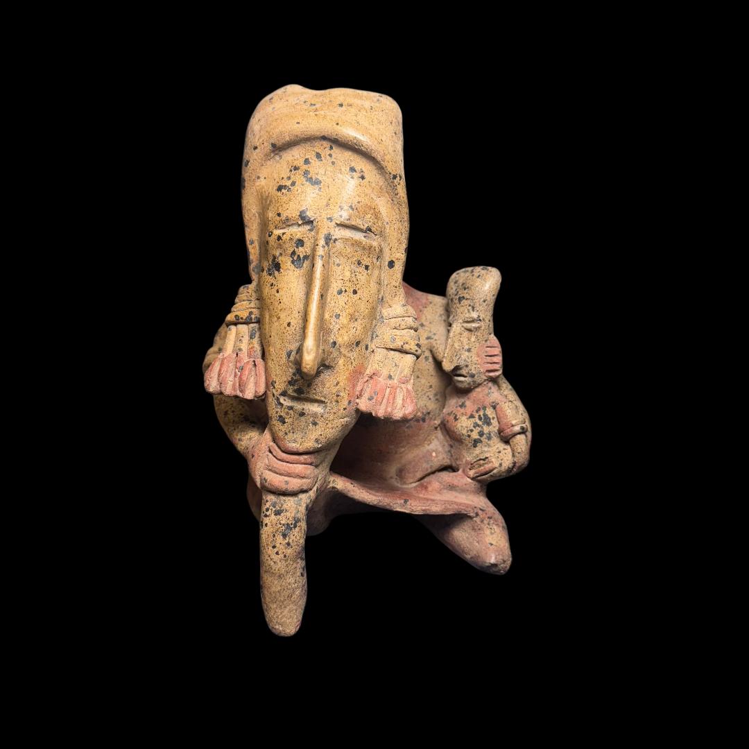 Pre-Columbian Jalisco Pottery Thinker Figure Holding a Baby