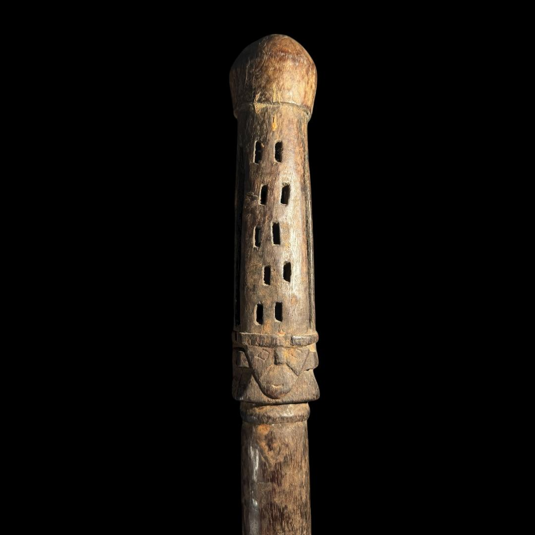 Pre-Columbian Chancay Wood Staff Rattle with Anthropomorphic Faces
