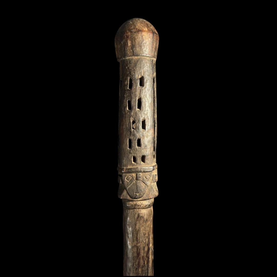 Pre-Columbian Chancay Wood Staff Rattle with Anthropomorphic Faces