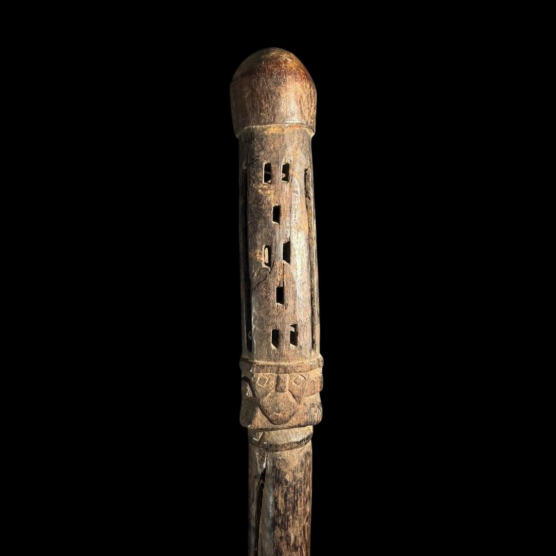 Pre-Columbian Chancay Wood Staff Rattle with Anthropomorphic Faces